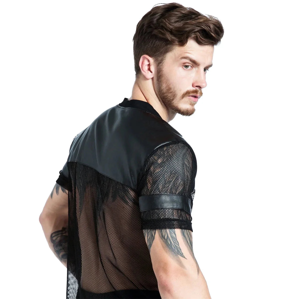 Clever-MenMode men's PU leather fishnet T-shirt with short sleeves, see-through mesh design, stylish stage clubwear top.
