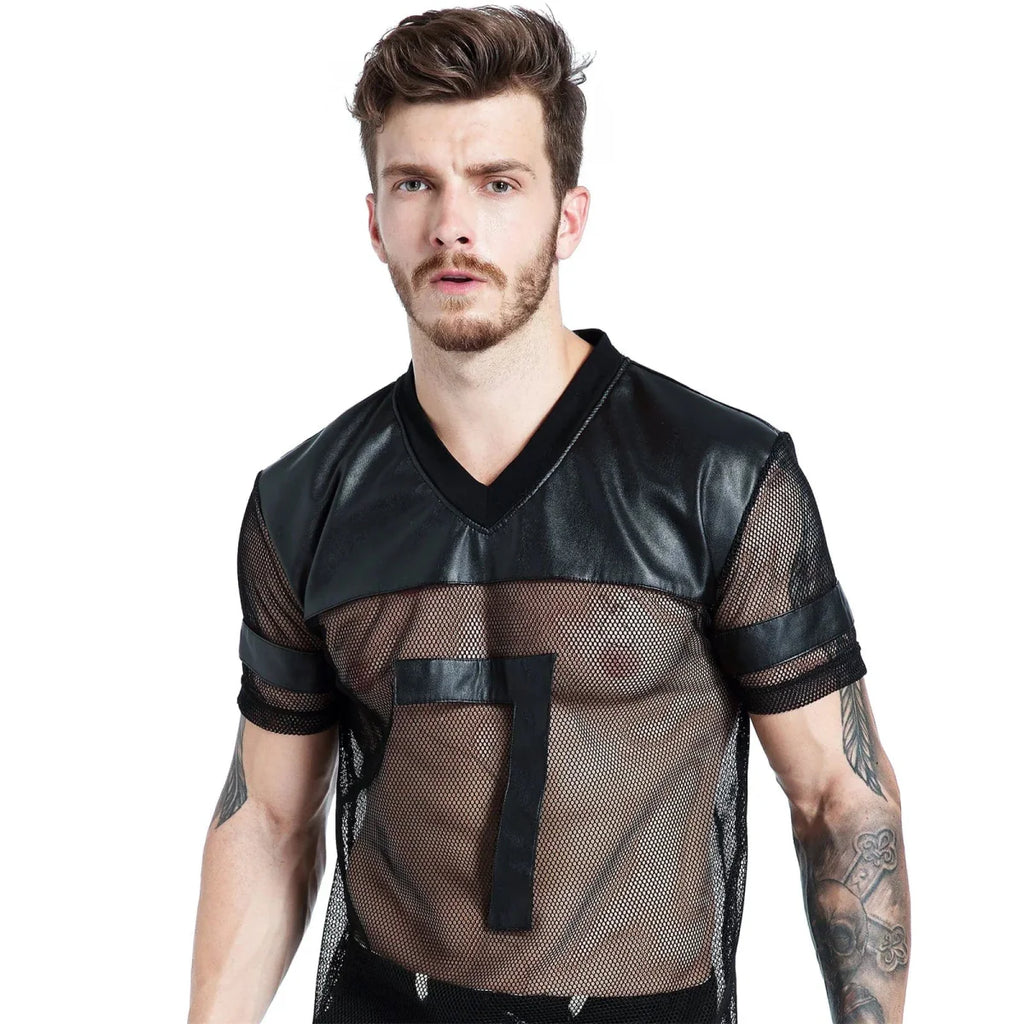 Men's black PU leather fishnet T-shirt by SHOWLU FASHION STORE featuring see-through mesh fabric and short sleeves for clubwear style.
