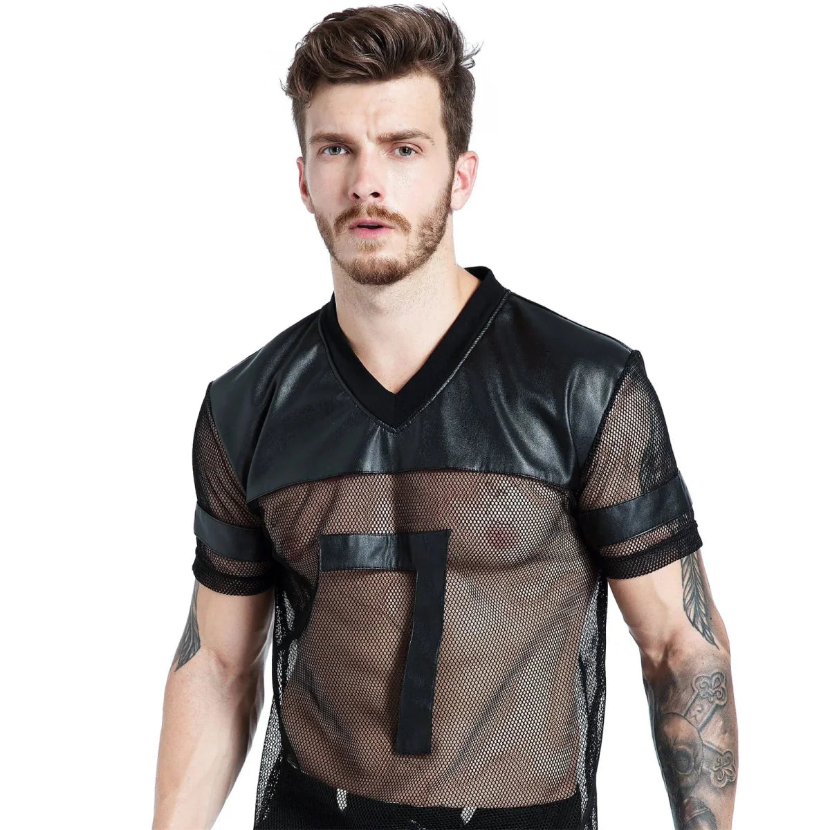 Men's black PU leather fishnet T-shirt by SHOWLU FASHION STORE featuring see-through mesh fabric and short sleeves for clubwear style.
