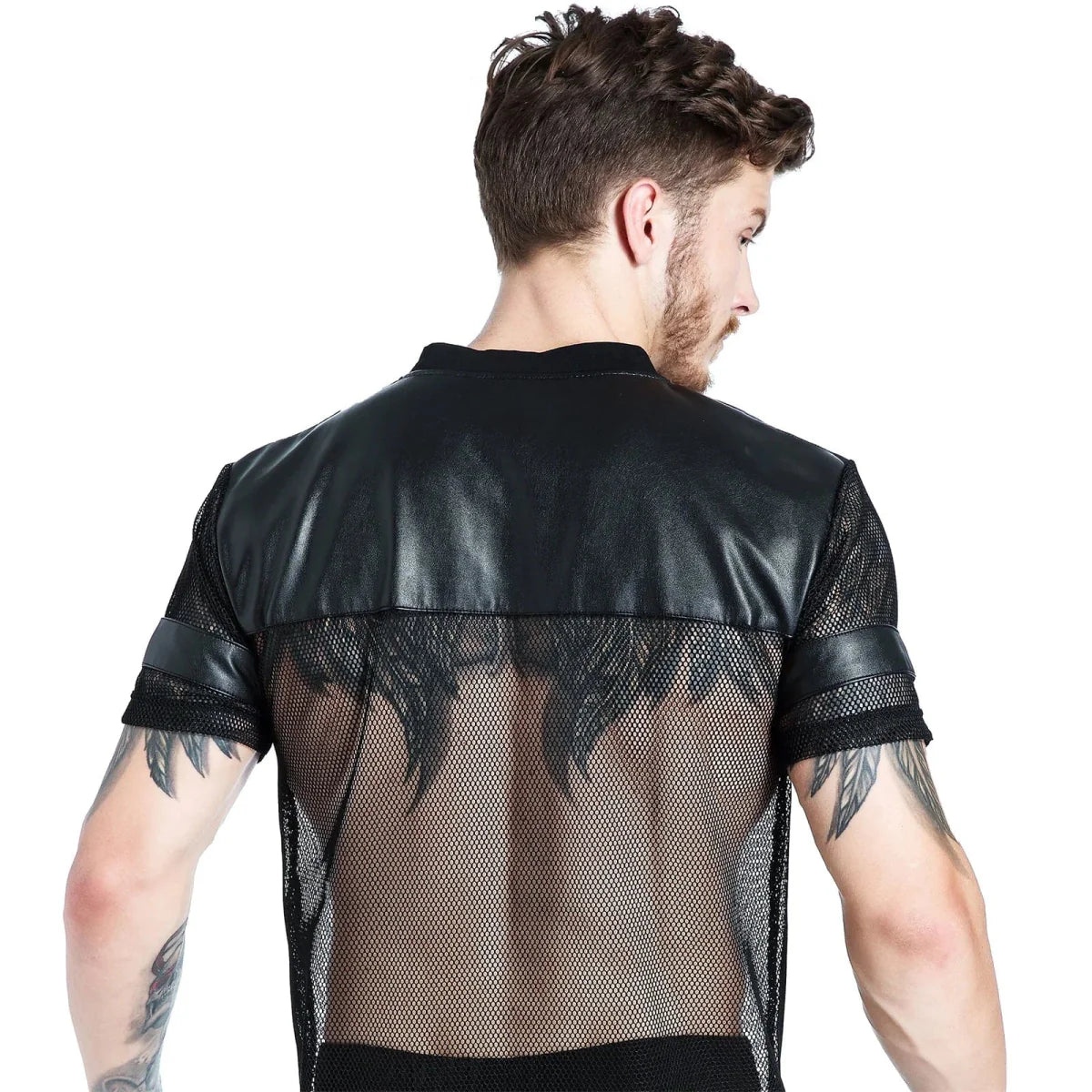 Men's PU leather fishnet T-shirt by SHOWLU FASHION STORE, featuring see-through mesh fabric, short sleeves, and a stage clubwear style.