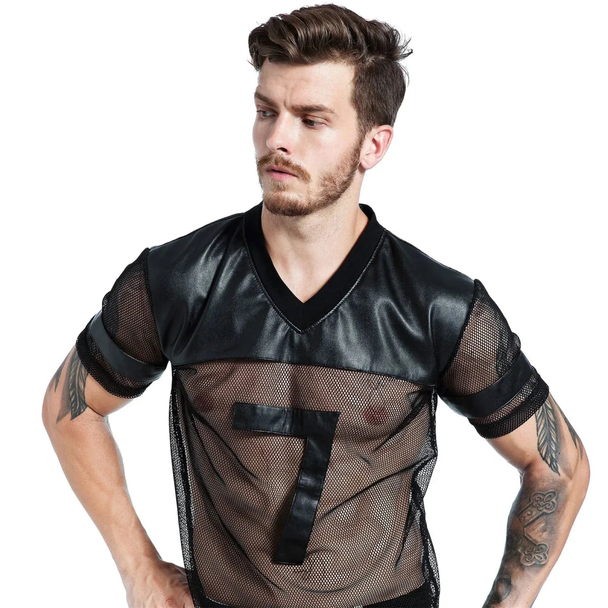 Clever-MenMode men's PU leather fishnet T-shirt by SHOWLU FASHION STORE, see-through mesh clubwear top with short sleeves.