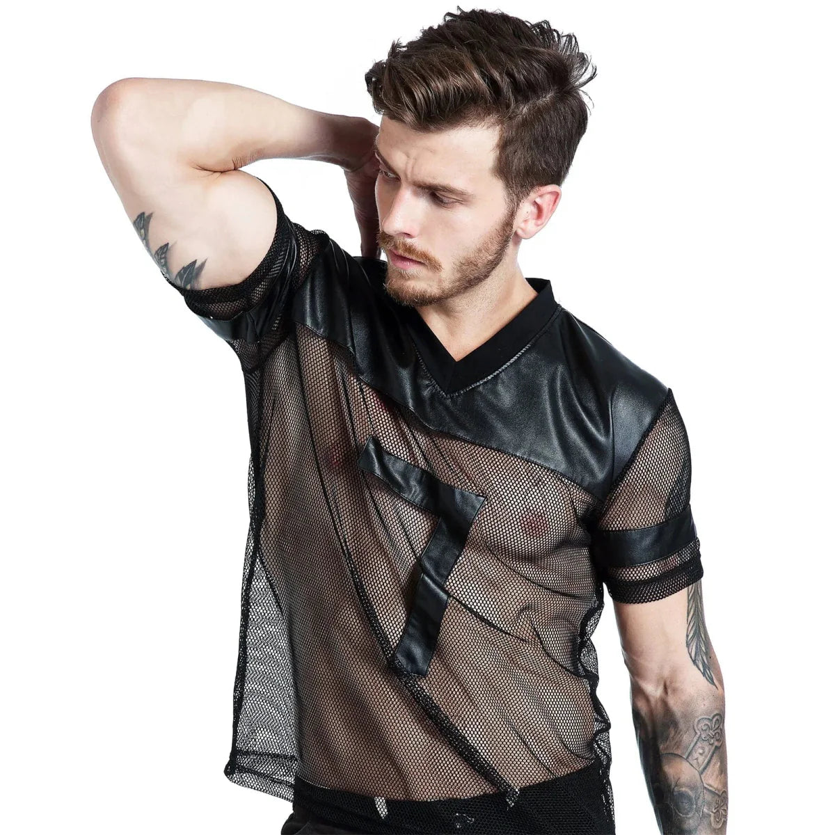 Clever-Menmode men's PU leather fishnet T-shirt with short sleeves, see-through mesh clubwear top, stylish and edgy for stage or nightlife.