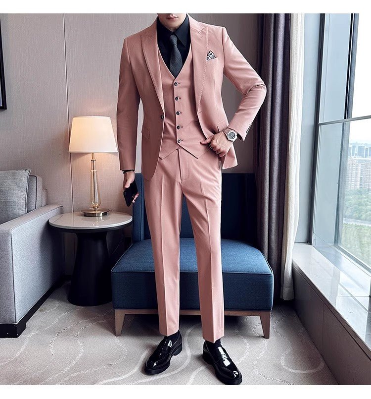 Men's slim-fit pink suit by SHOWLU FASHION, featuring a double-breasted blazer with a closure collar and tailored fit.