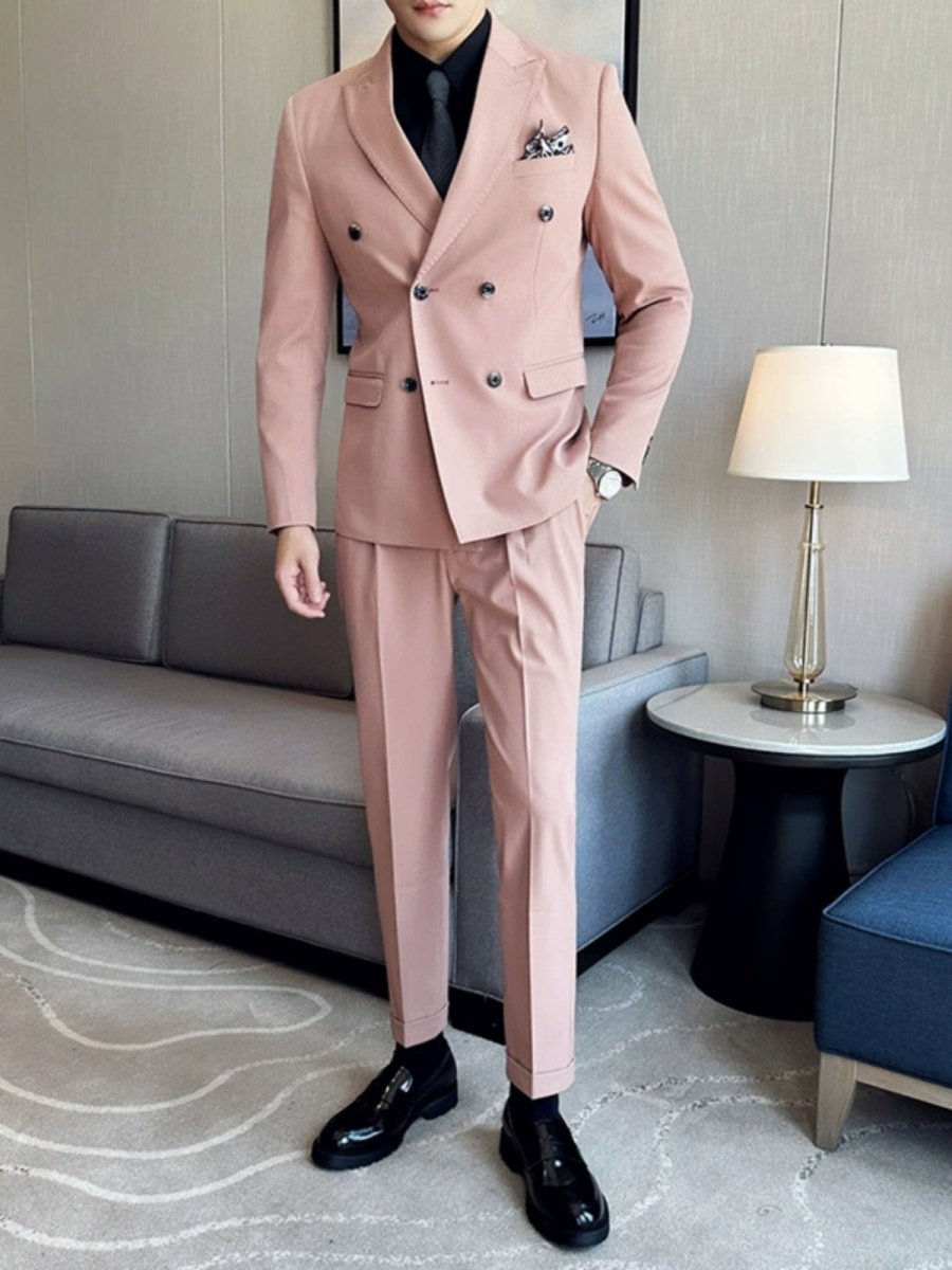 SHOWLU FASHION men's pink slim-fit double-breasted host suit with closure collar, tailored formal set for special occasions.