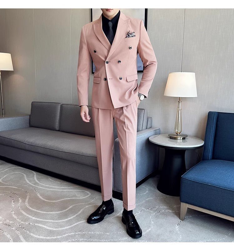 SHOWLU FASHION men's slim-fit pink suit with double-breasted jacket and closure collar, tailored for a sharp formal look.