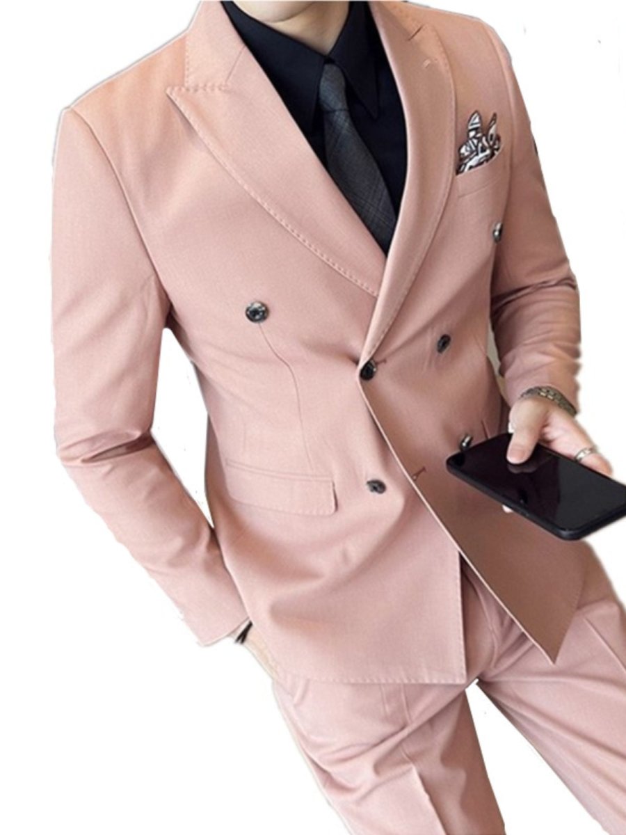 SHOWLU FASHION men's slim-fit pink host suit with double-breasted jacket and closure collar, ideal for formal occasions.