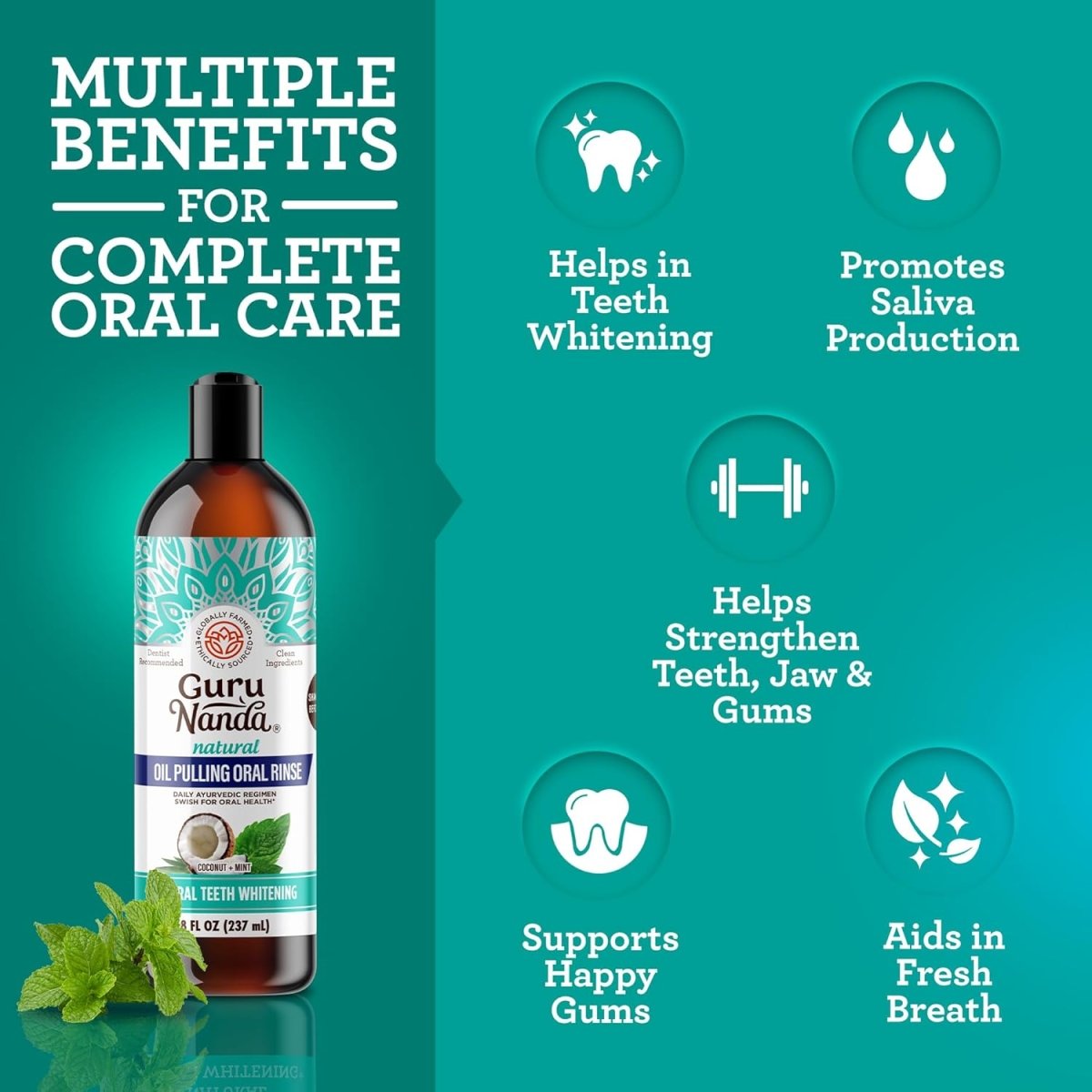 GuruNanda Mickey D Coconut Oil Pulling Mouthwash with 7 essential oils for fresh breath and healthy teeth, alcohol-free, 8 oz.