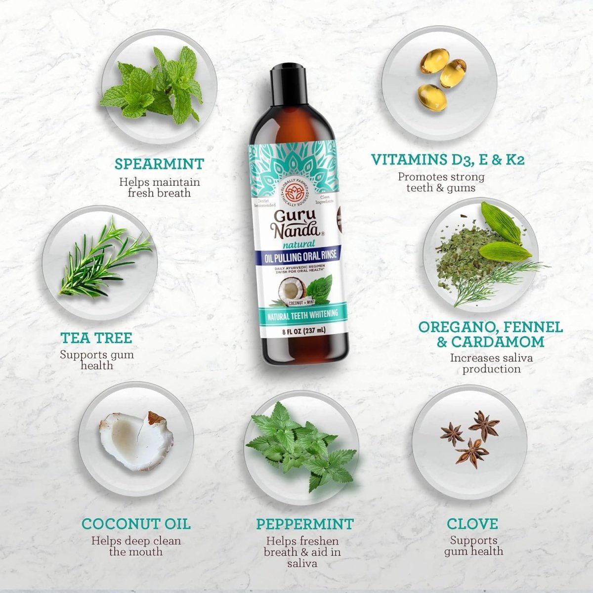 GuruNanda Mickey D Coconut Oil Pulling Mouthwash with 7 essential oils, showing a clear bottle with mouthwash for fresh breath and healthy teeth.