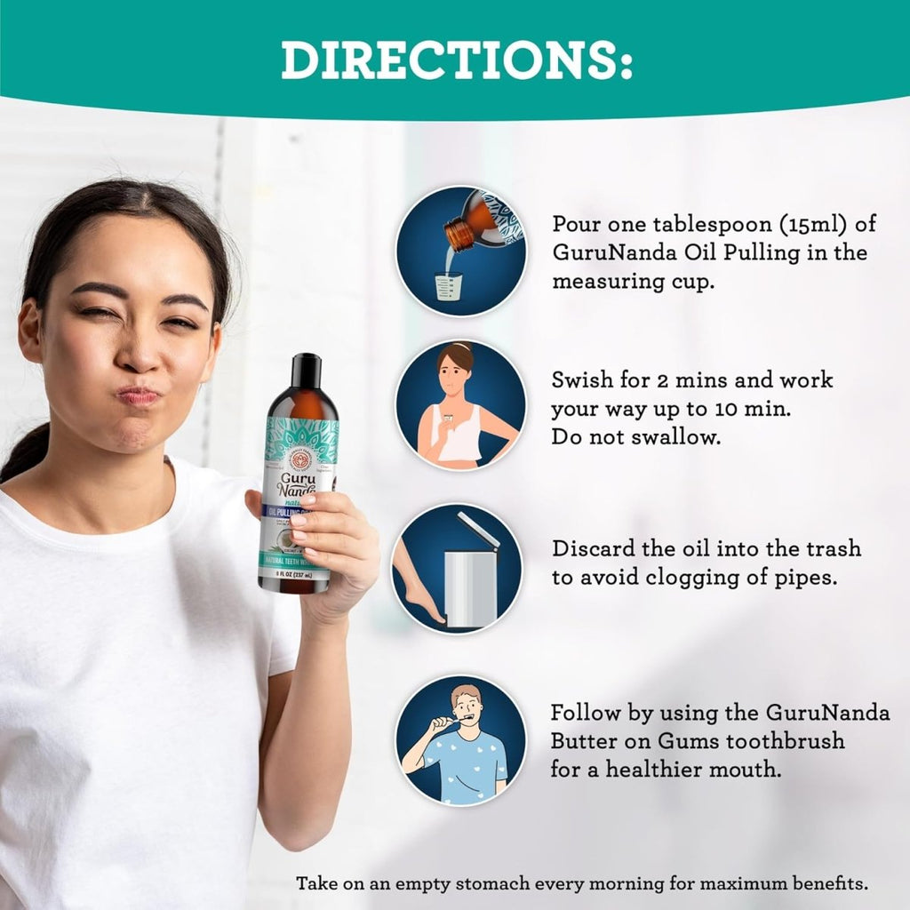 GuruNanda Mickey D Coconut Oil Pulling Mouthwash with 7 essential oils for fresh breath, whitening teeth, and healthy gums in an 8 oz bottle