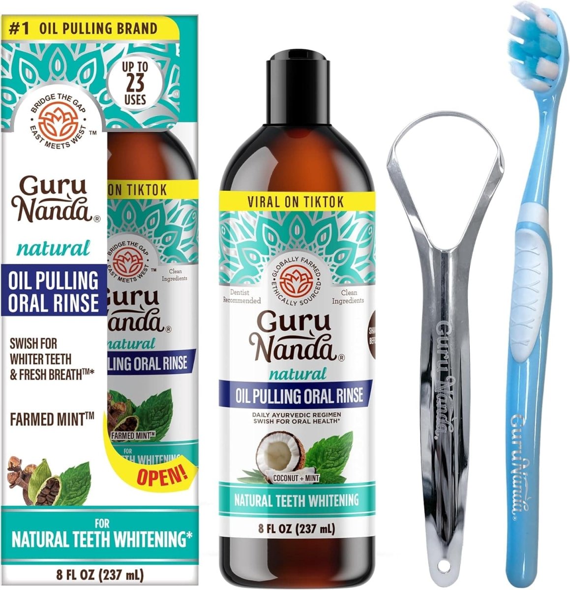 GuruNanda Mickey D Coconut Oil Pulling Mouthwash with 7 essential oils for fresh breath and healthy teeth, alcohol-free, 8 oz.