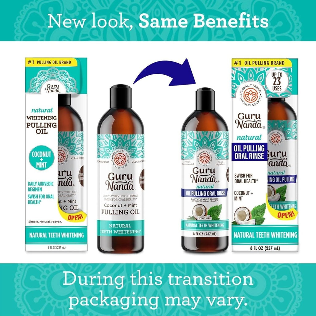 GuruNanda Mickey D Coconut Oil Pulling Mouthwash with 7 essential oils, showing a clear bottle with fresh breath and whitening benefits.