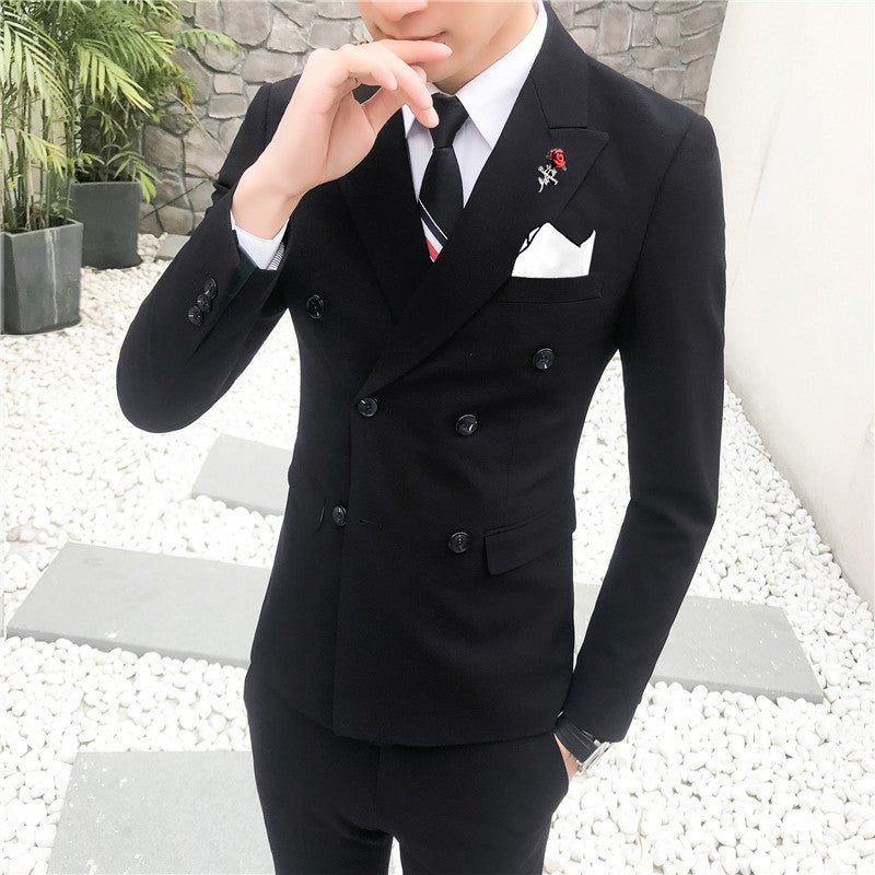 Men's slim-fit three-piece wedding suit in a casual Korean style, shown in a neutral color with tailored lapels and stylish fit.