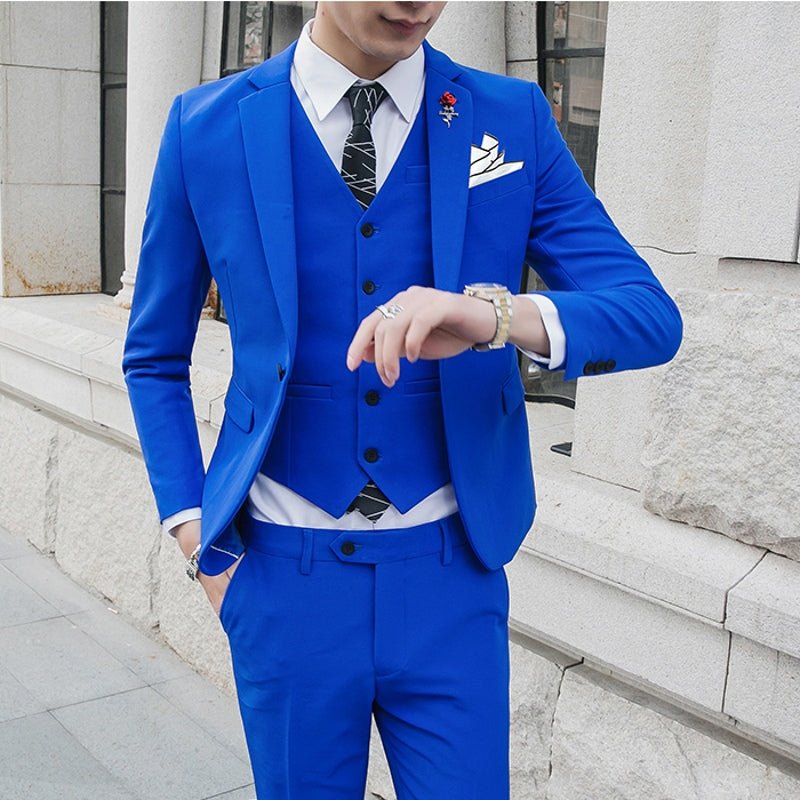 Korean style men's slim-fit three-piece wedding suit featuring a casual yet elegant design, perfect for grooms and formal events.