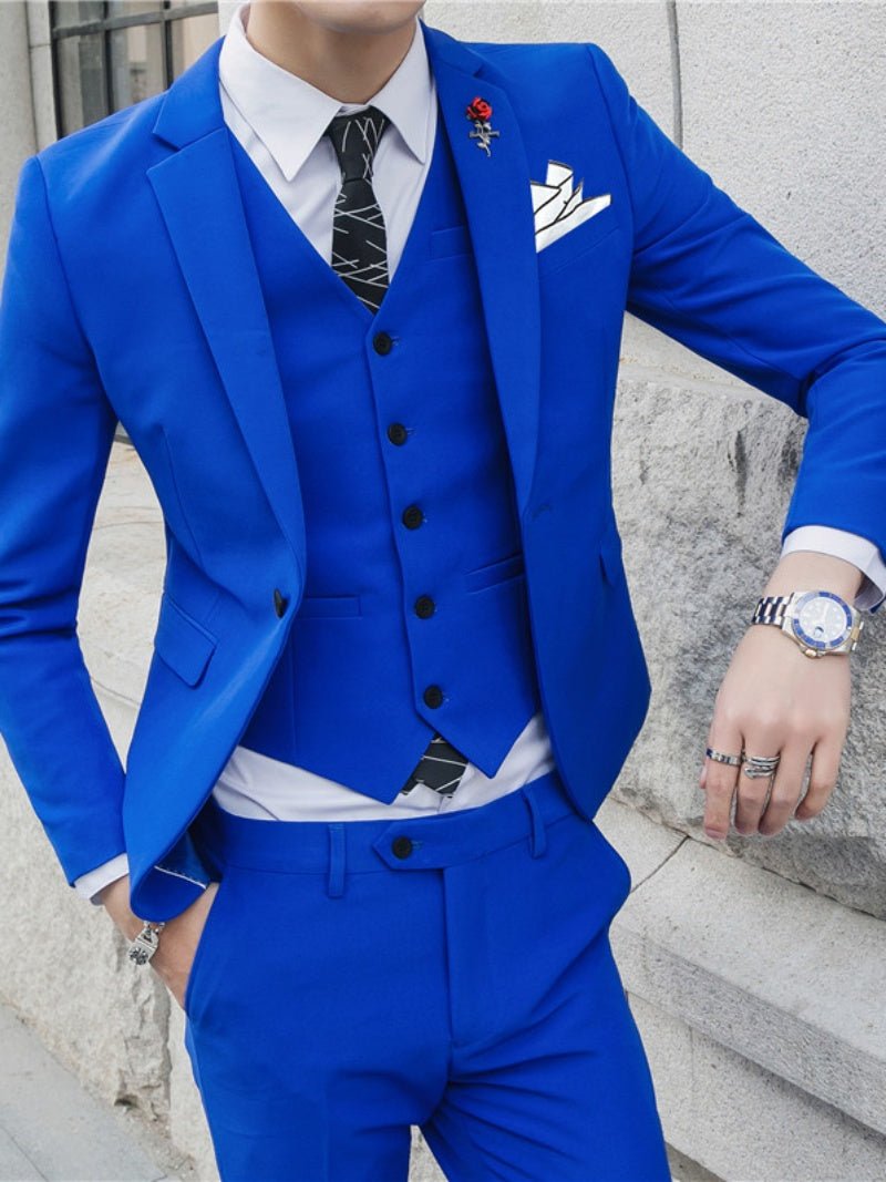 Korean style men's slim-fit three-piece wedding suit with casual color, tailored for grooms and stylish teenagers.