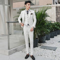 Slim-fit three-piece wedding suit for men, showing a casual Korean style with a tailored jacket, vest, and trousers in a versatile color.