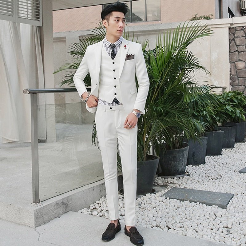 Slim-fit three-piece wedding suit for men, showing a casual Korean style with a tailored jacket, vest, and trousers in a versatile color.