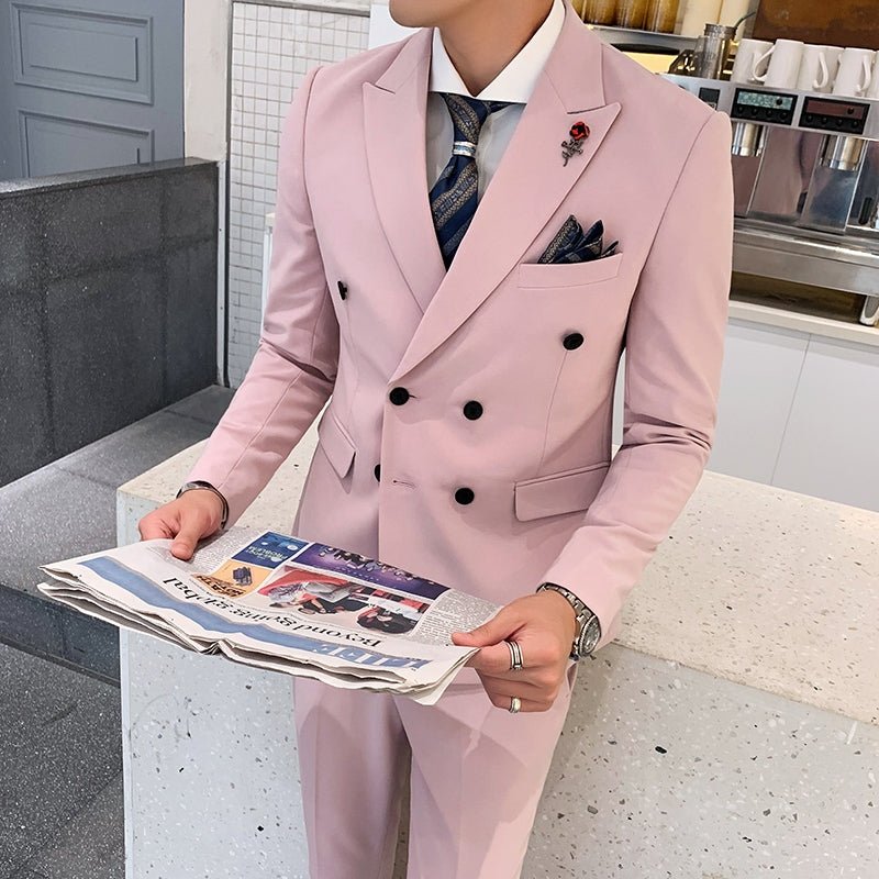 Men's slim-fit three-piece wedding suit in a casual Korean style, shown in a beige color, featuring a jacket, vest, and trousers.