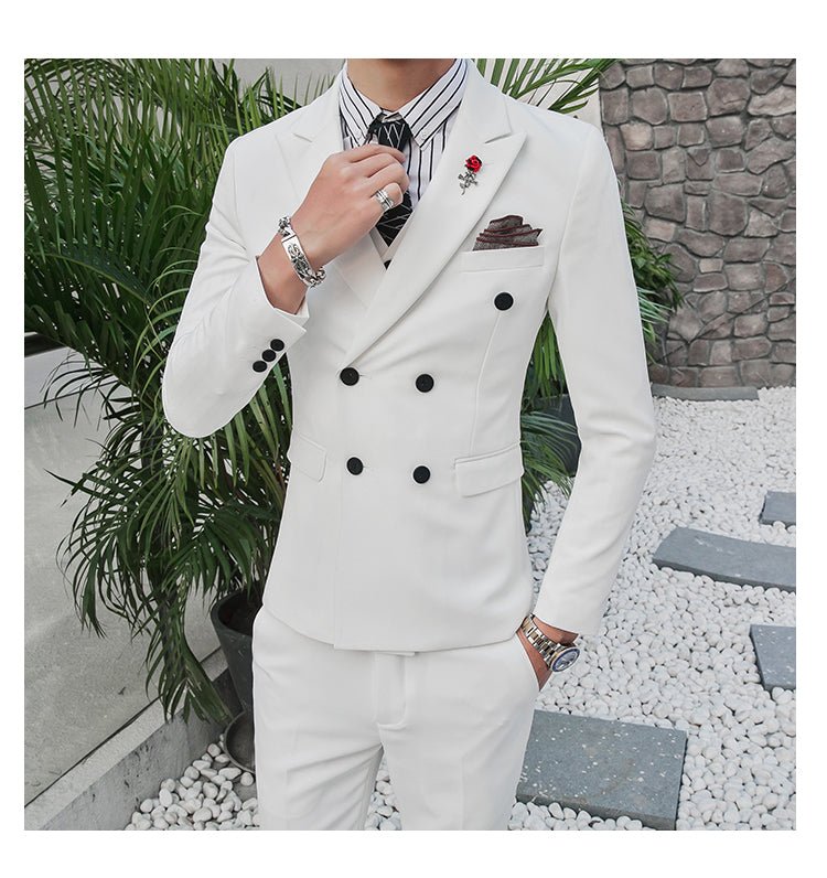 Slim-fit men's three-piece wedding suit in a casual Korean style, featuring a jacket, vest, and trousers, worn by a handsome groom.