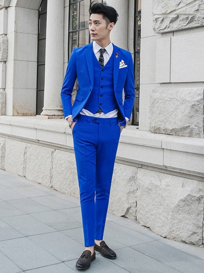 Men's slim-fit three-piece wedding suit in a casual Korean style, shown in a neutral color, tailored for grooms and formal occasions.
