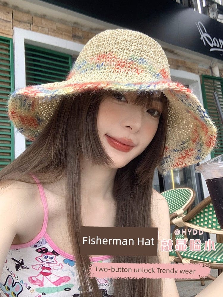 Woven straw women's summer sun hat with a wide brim, perfect for seaside vacations and outdoor sunny days.