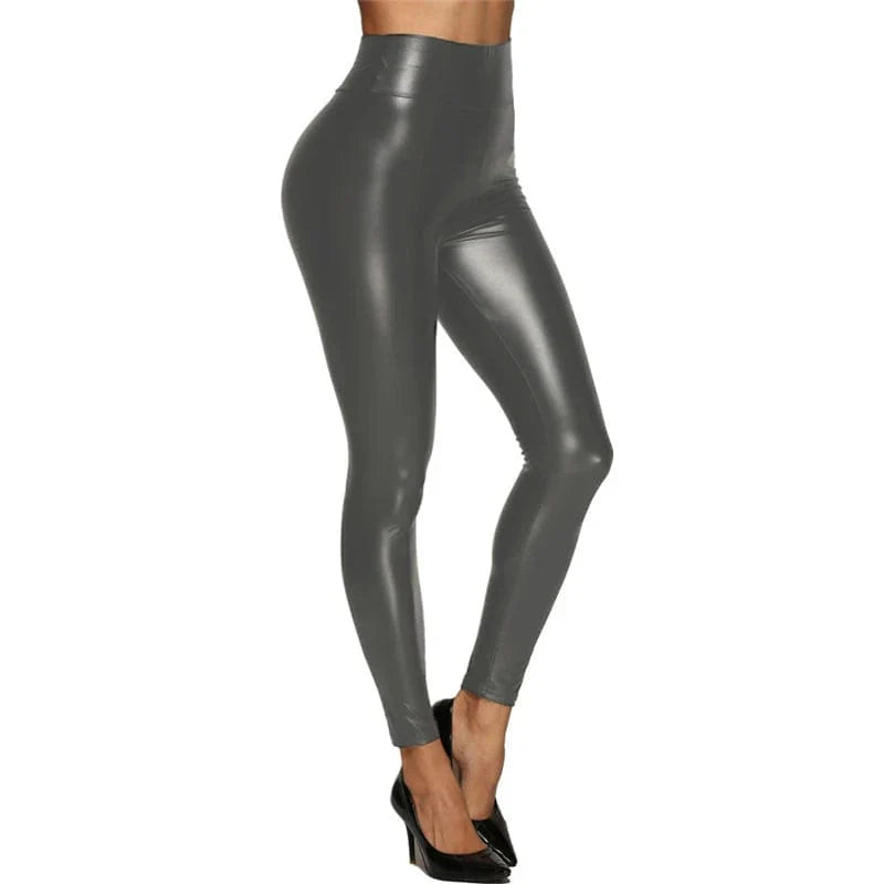 Colorful high waist faux leather skinny pants for women, showing the stretchable, form-fitting design with a sleek, shiny finish.