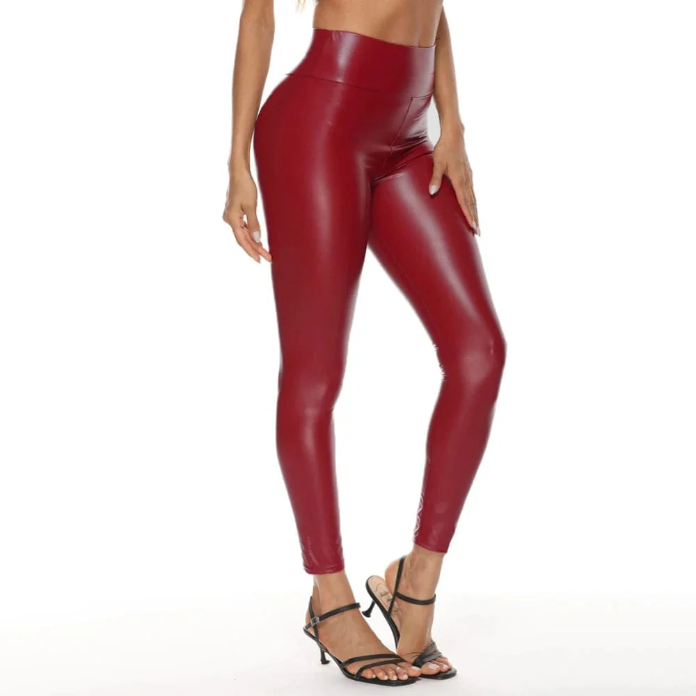 Colorful high waist faux leather skinny pants for women, showing a fitted, stretchable leggings style with a sleek, glossy finish.