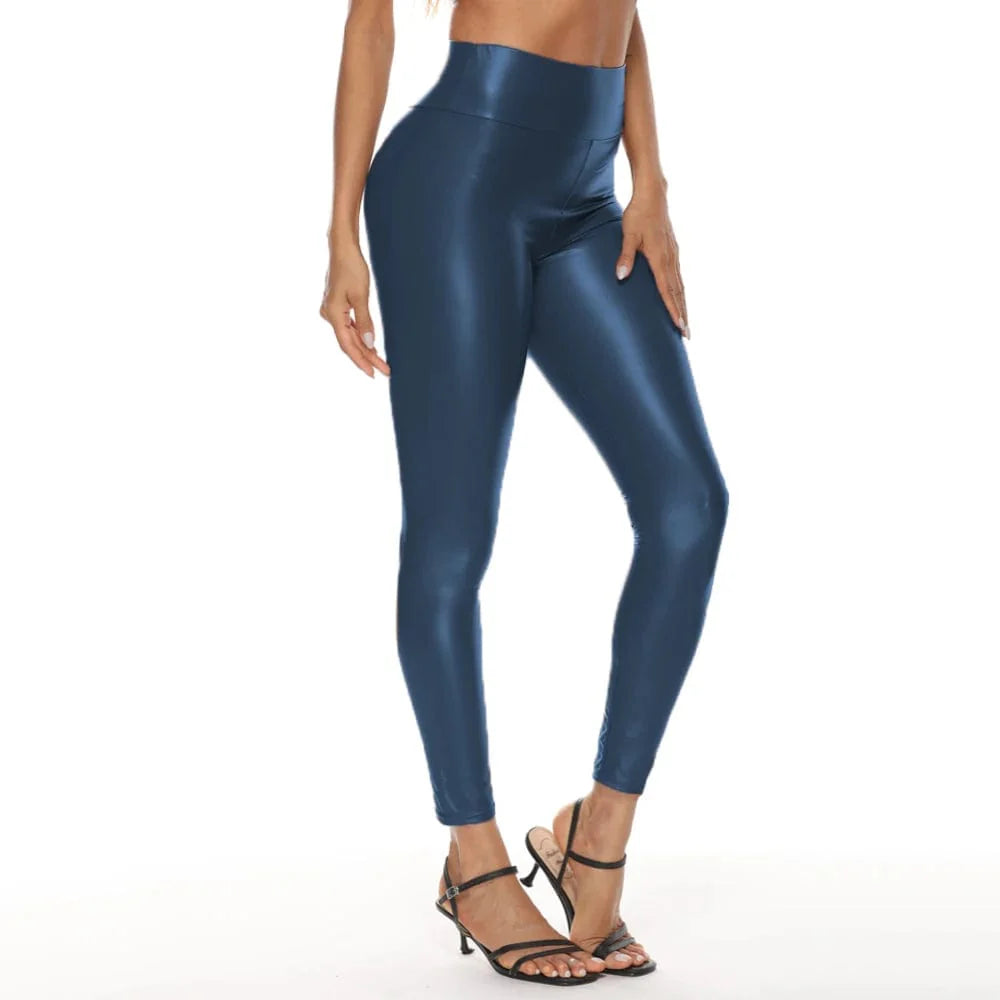 Colorful women's high waist faux leather skinny pants with stretch, hip-lifting design, perfect for trendy, form-fitting leggings.