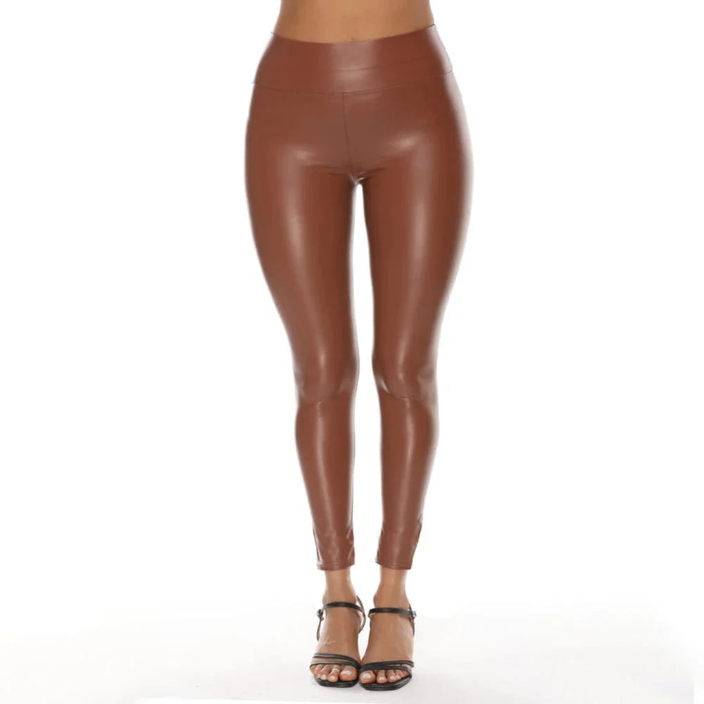 Colorful women's high waist faux leather skinny pants with stretch, hip-lifting design, ideal for stylish pencil or jeggings looks.
