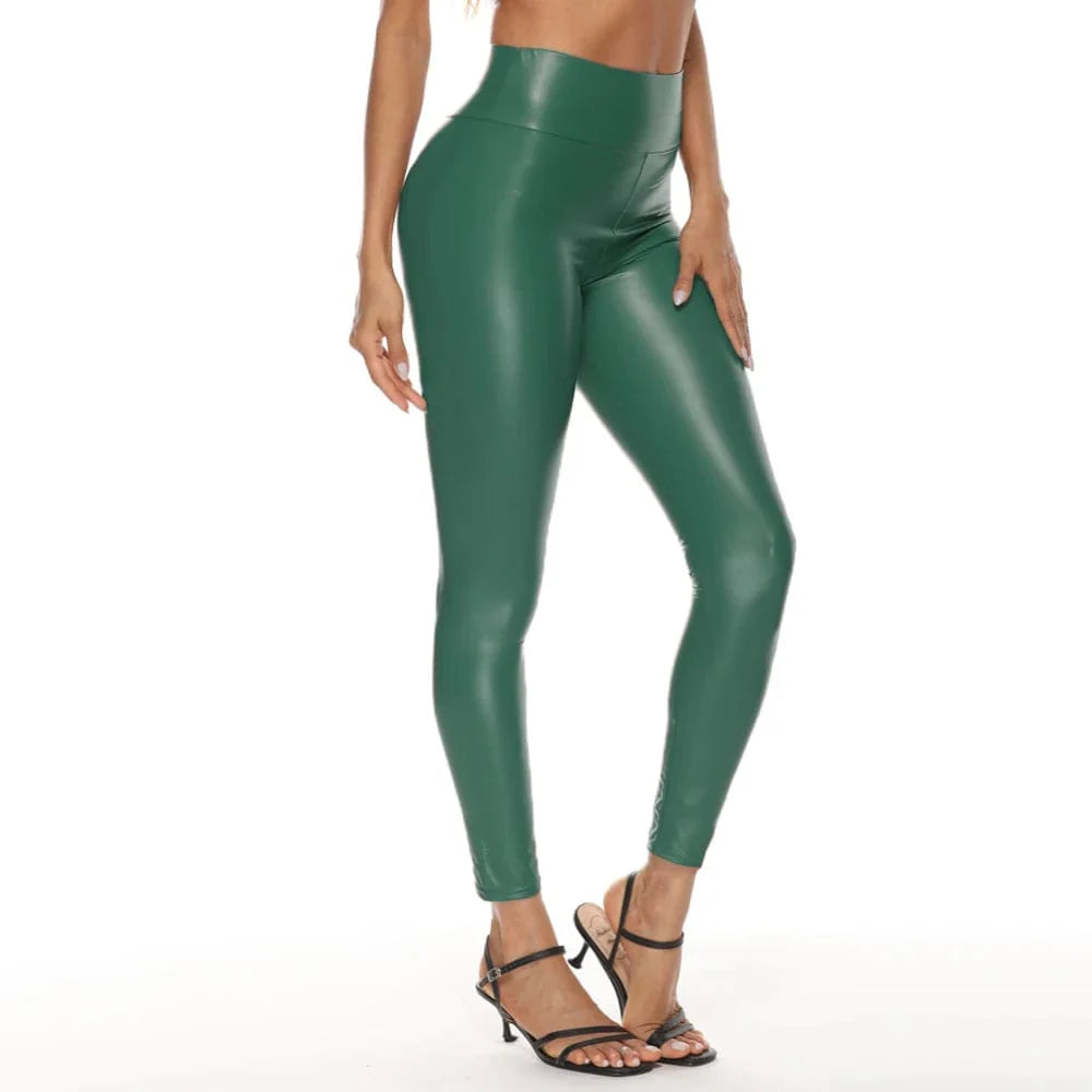 Colorful women's high waist faux leather skinny pants showing stretchable, form-fitting design with a sleek, shiny surface.