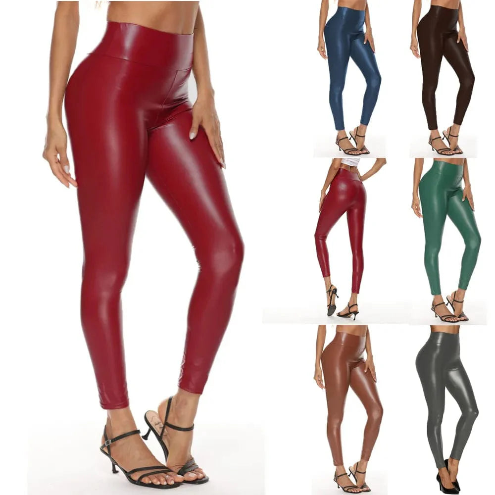 Colorful women's high waist faux leather skinny pants featuring a stretch fit, hip-lifting design, and sleek pencil-leg style.