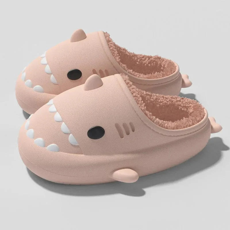 Comwarm Shark plush slippers for women and men, waterproof, non-slip cotton shoes with a warm, cozy cartoon shark design.