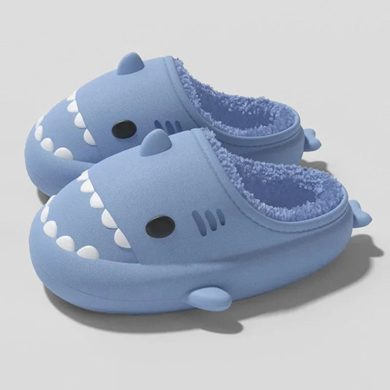 Comwarm Shark plush slippers for women and men, waterproof, non-slip, warm cotton shoes with cartoon shark design for winter.