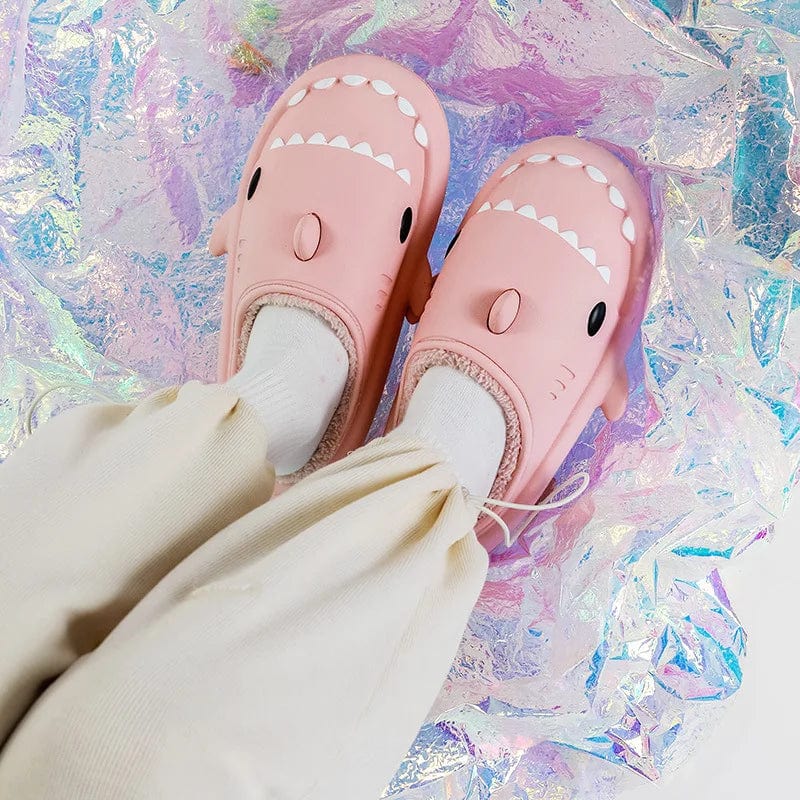Comwarm shark plush slippers by SHOWLU FASHION STORE, waterproof, non-slip cotton shoes for women and men, cozy for indoor and outdoor wear.