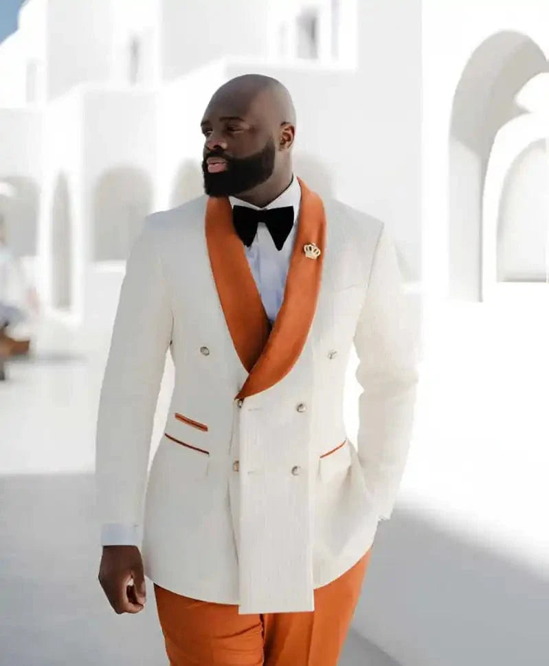 Men's corduroy wedding suit by SHOWLU FASHION STORE featuring double-breasted blazer with shawl lapel and matching pants.
