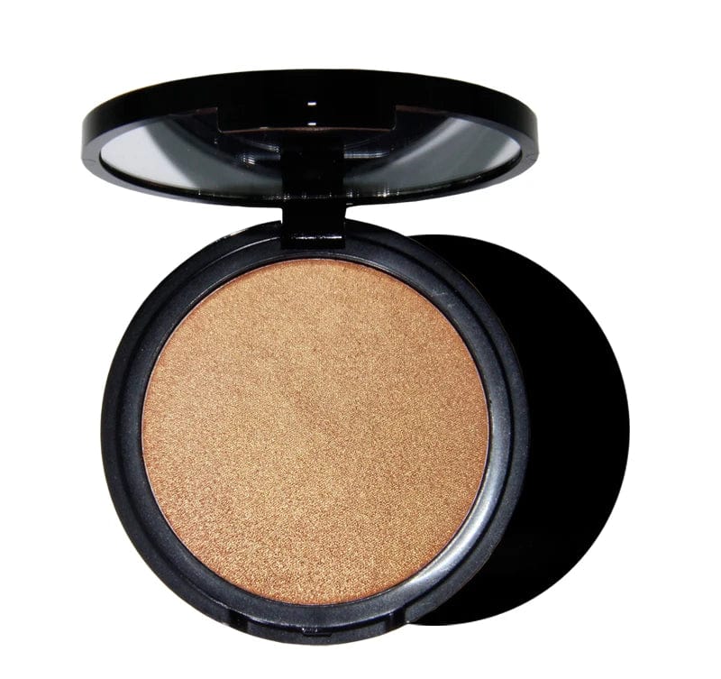 Showlu Gold Pressed Powder Highlighter in a compact, waterproof mineral bronzer makeup set with a shimmering gold finish.