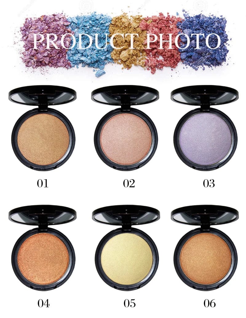 Showlu Gold Pressed Powder Highlighter and Mineral Bronzer makeup set with waterproof, shimmering gold finish for radiant skin.