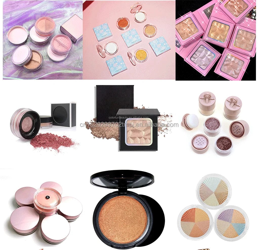 Showlu Gold Pressed Powder Highlighter and Waterproof Mineral Bronzer makeup set with gold-toned powders and compact packaging.