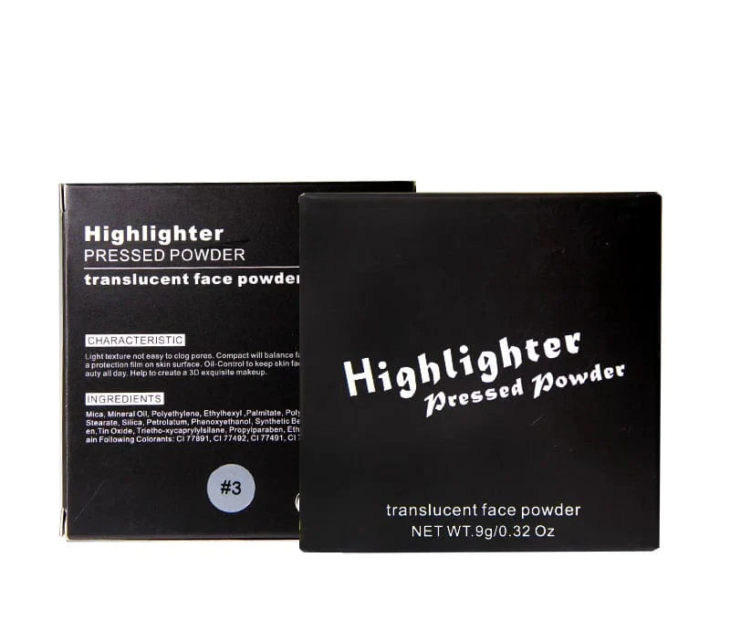 Showlu Gold Pressed Powder Highlighter and Waterproof Mineral Bronzer makeup set with shimmering gold finish and compact design.