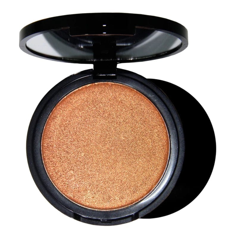 Showlu Gold Pressed Powder Highlighter and Waterproof Mineral Bronzer makeup with shimmering gold finish and compact design.