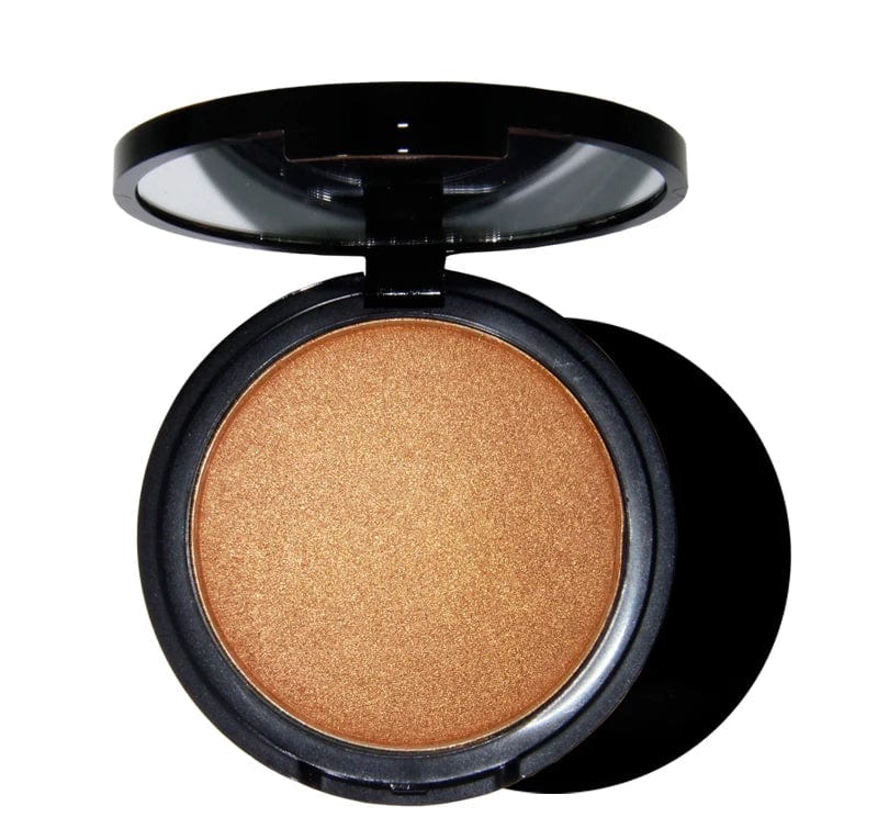 Showlu Gold Pressed Powder Highlighter and Waterproof Mineral Bronzer makeup set with gold-toned pressed powders and highlighter.