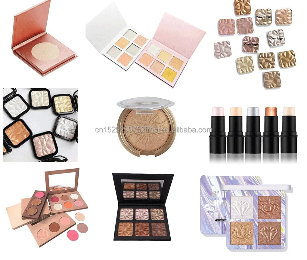 Showlu Gold Pressed Powder Highlighter and Waterproof Mineral Bronzer makeup set with shimmering gold finish and compact packaging.