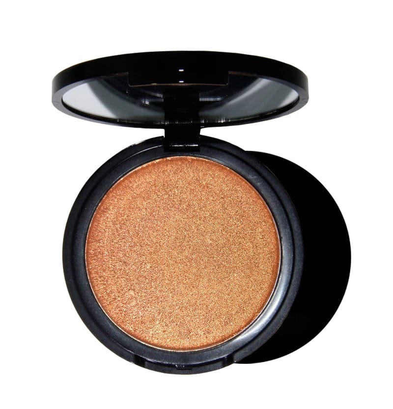Showlu Gold Pressed Powder Highlighter and Waterproof Mineral Bronzer makeup set with gold-toned pressed powder and high-lighter.