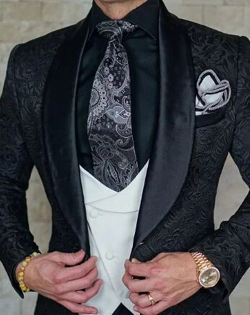Kromoc Men's 3-Piece Jacquard Suit with shawl lapel, slim fit wedding tuxedo, includes blazer, vest, and pants, stylish for formal events