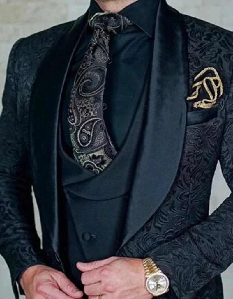 Kromoc Men's 3-Piece Jacquard Suit with shawl lapel, slim fit tuxedo, blazer, vest, and pants for wedding or formal events.