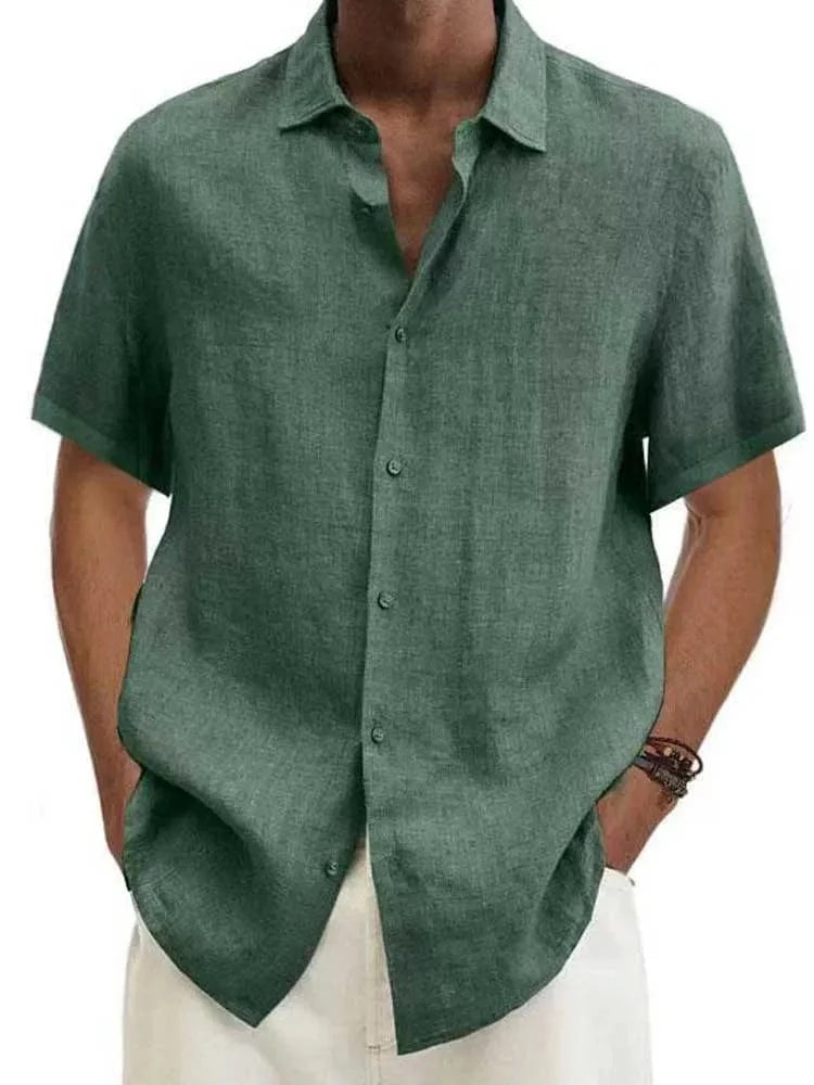 Men's cotton linen short sleeve casual button-down shirt with turn-down collar, loose fit, perfect for summer, by Showlu Fashion.