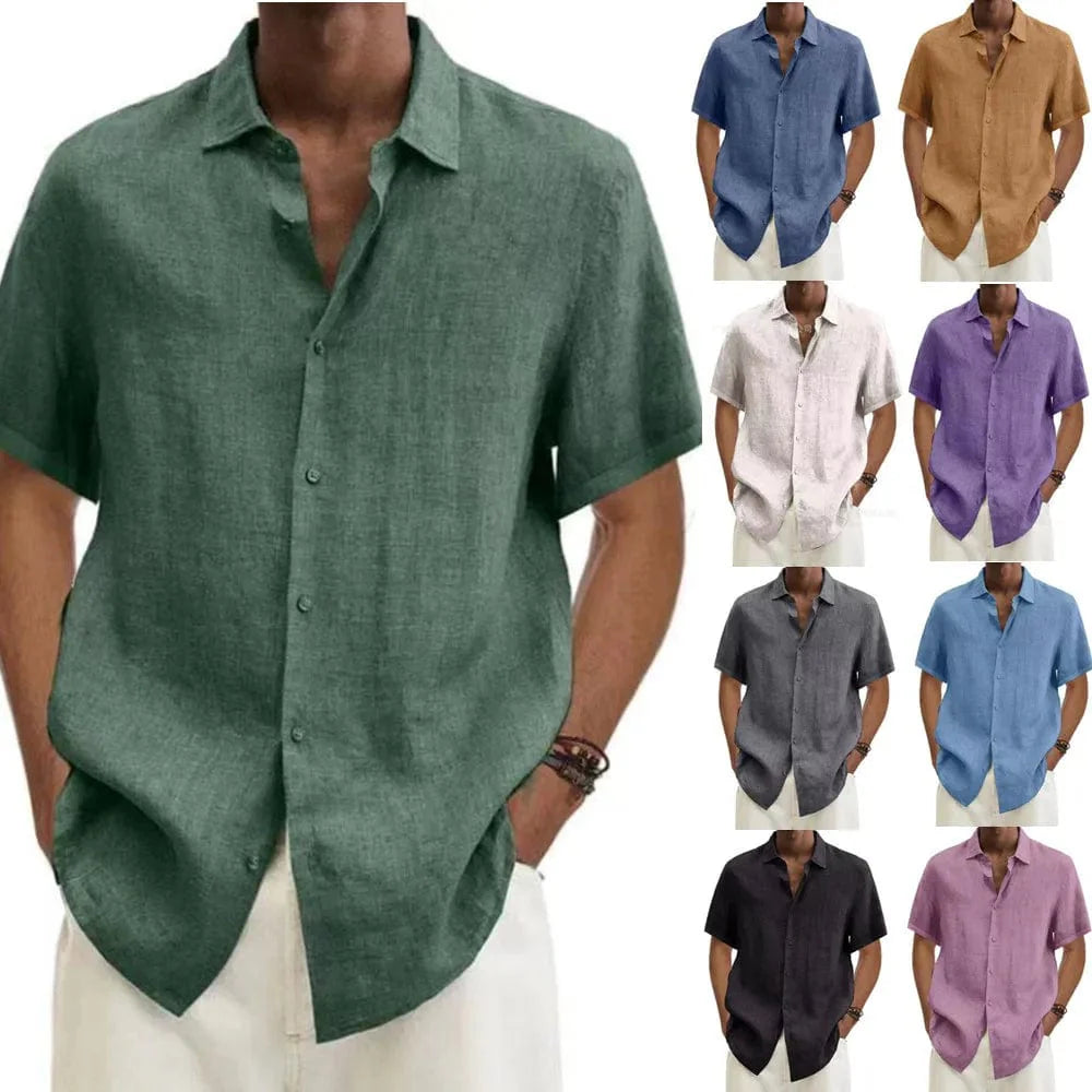 Showlu Fashion men's cotton linen short sleeve casual button-down shirt with turn-down collar, loose fit, and oversized style.