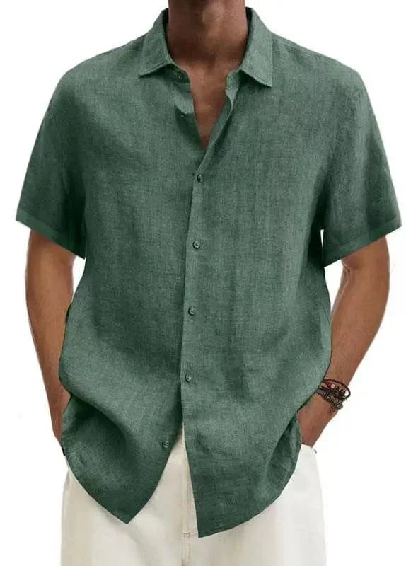 Men's cotton linen short sleeve casual button-down shirt with turn-down collar, loose fit, suitable for summer, by Showlu Fashion.