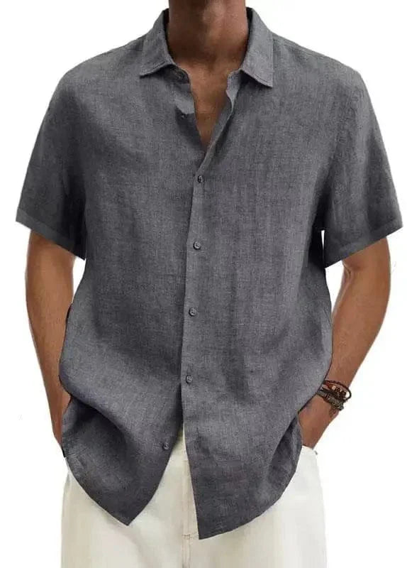 Men's cotton linen short sleeve casual button-down shirt with turn-down collar, loose fit, lightweight fabric, in various sizes.