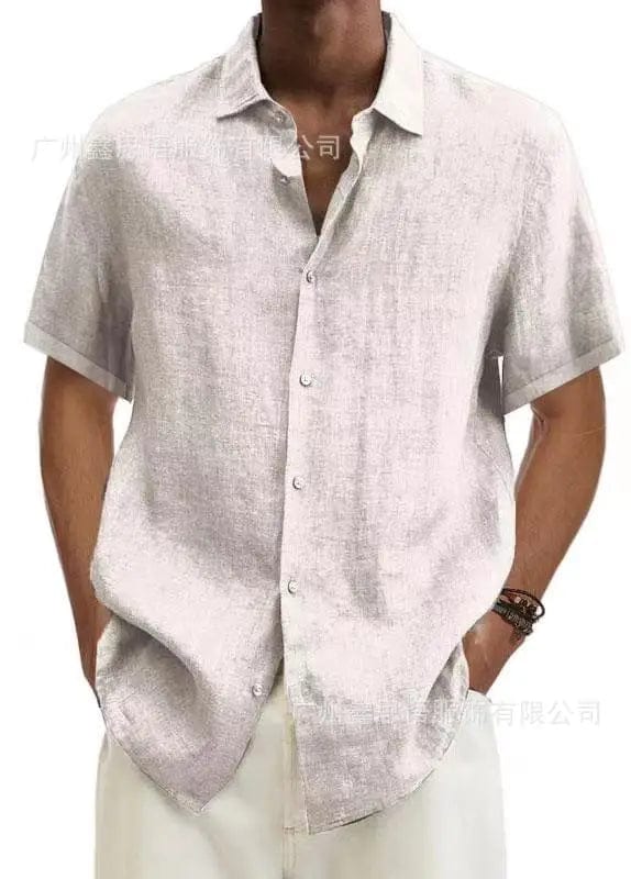 Men's cotton linen short sleeve casual button-down shirt with turn-down collar, loose fit, in natural fabric and summer style.