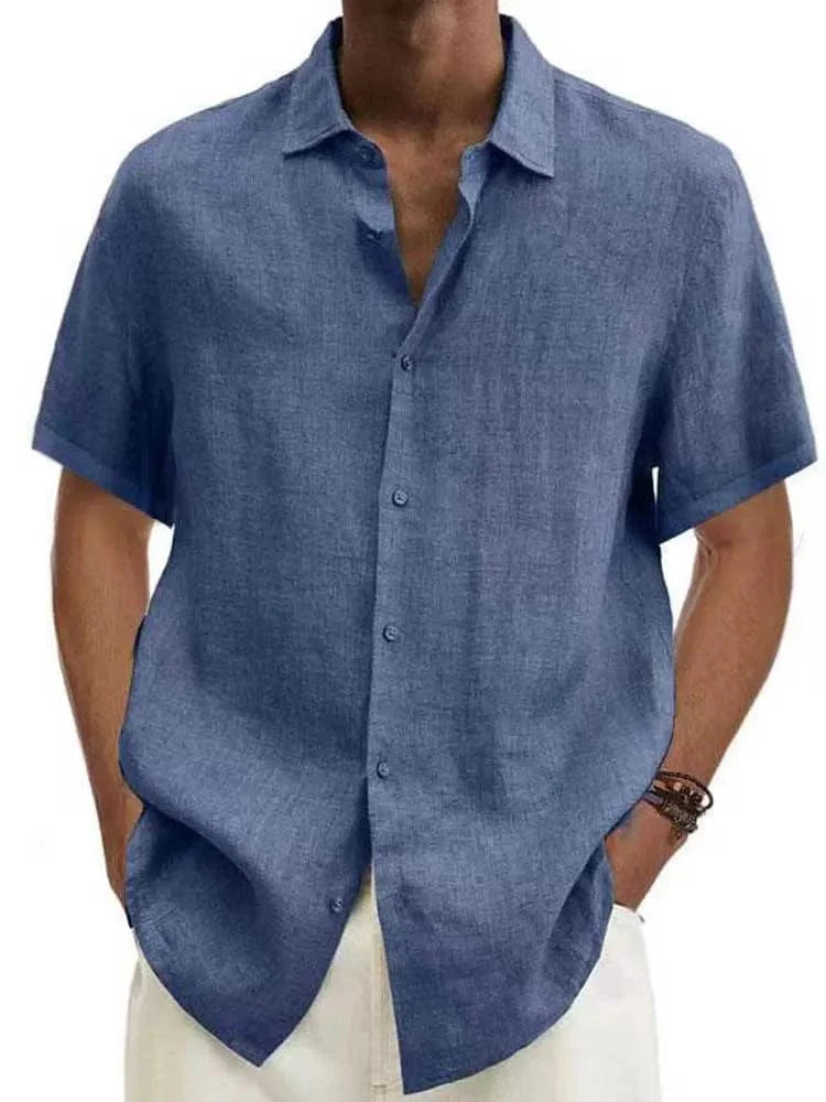 Showlu Fashion cotton linen men's short sleeve casual button-down shirt with turn-down collar and loose fit, available in multiple sizes.